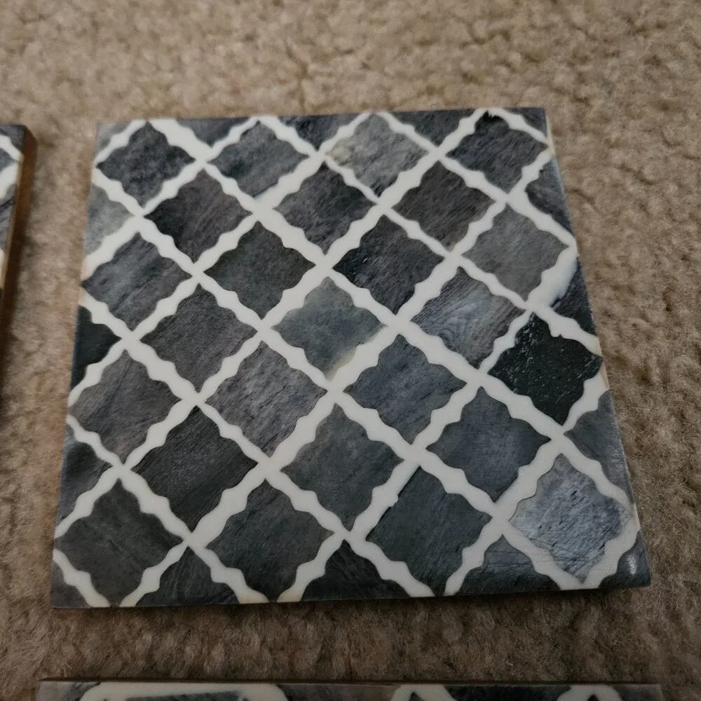 MODERN 4 MY MELA TRELLIS BONE INLAID GRAY BAR DRINK WOOD COASTERS MADE IN INDIA